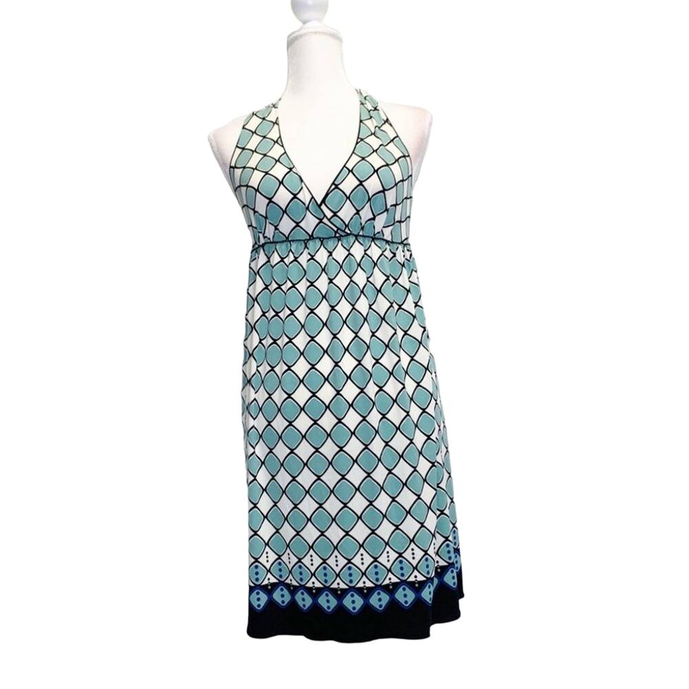 Max edition halter neck geo print mini swing dress white green sz xs racerback